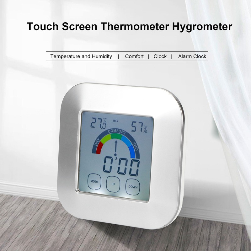 Indoor Touch LCD Screen Thermometer Hygrometer Electric Alarm Clock for