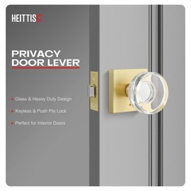 Heittis 3 Pack Glass Door Knobs,Heavy Duty Crystal Door Knobs for Bathroom & Bedroom,Privacy Interior Gold Door Knob,Satin Brass Finished