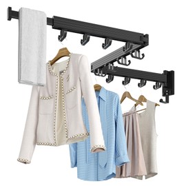 Kelisiting Wall Mount Clothes Drying Rack, Wall Mounted Drying Rack, Upgraded 3-Fold & Sturdy Laundry Drying Rack with 12 Dual-Side Hooks Space Saver for Laundry Room, Apartment, Dorms - Black
