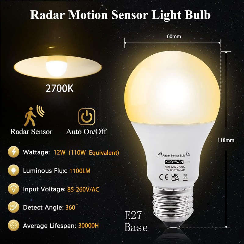 KOOYWAN LED lamp with motion sensor 12 W 2700 K