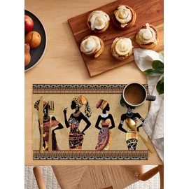 Black Women Placemats Set of 6, African Ethnic Dress Tribal Geometric Khaki Placemats for Dining Table Place Mats for Kitchen Table Waterproof Table Mats, Wipeable Dining Table Set