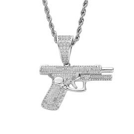 Gun Necklace for Men Women Titanium steel Full drill CZ Machine Gun Charm Pendants Silver and Gold Plated Hip hop Submachine Gun Pendant Necklaces Rifle Shape Army Style Gun Pendent Necklace Fashion
