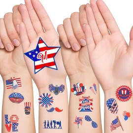 PWMENLK 91 PCS 4th of July Temporary Tattoos American USA Flag Patriotic Fake Tattoo Sticker Red White and Blue Party Supplies for Kids Women Men Memorial Day, Independence Day, Labor Day