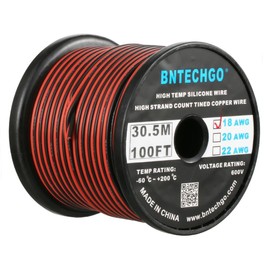 BNTECHGO 18 Gauge Flexible 2 Conductor Parallel Silicone Wire Spool Red Black High Resistant 200 deg C 600V for Single Color LED Strip Extension Cable Cord,Model,100ft Stranded Tinned Copper Wire