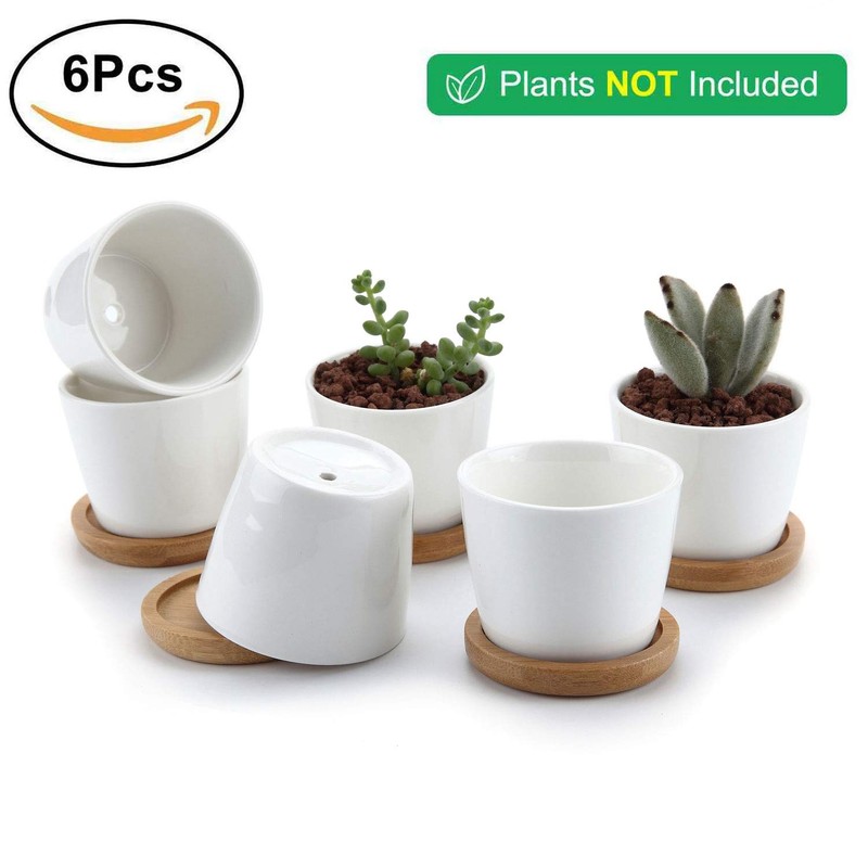 T4U Succulent Planters, Pots with Bamboo Saucers, Rectangular Ceramic Cactus