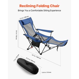 VEVOR Reclining Camping Chair, 4 Adjustable Positions, Portable Folding Lounger for Adults, Mesh Beach Chair with Headrest & Foot Rest, Supports 220 lbs, Heavy Duty Camp Chairs for Patio, Blue