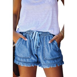 YOCUR Women Loose Casual Blue Denim Shorts Cute Jeans for Teen Girls Trendy Fringe Short Jeans Aesthetic Elastic Waist Kawaii Vintage Hot Pants Dark Blue S