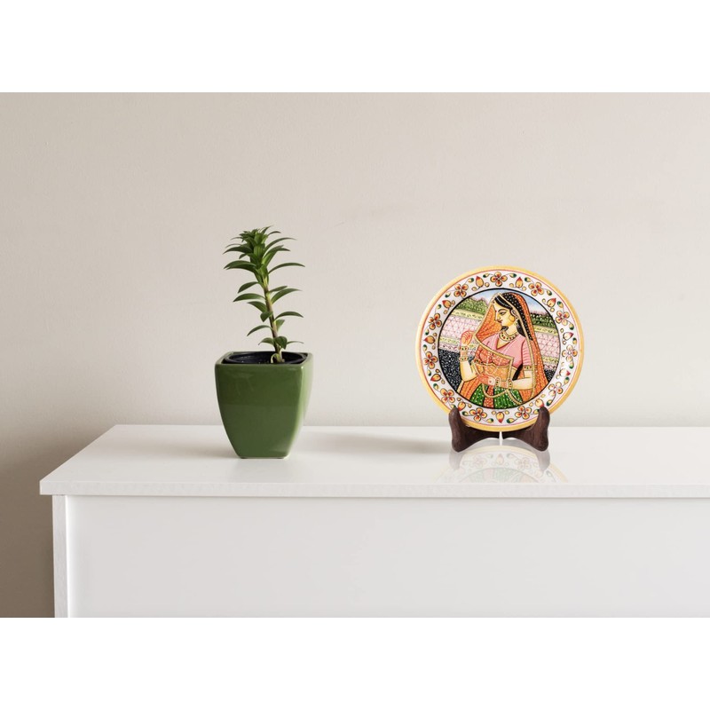 Marble Decorative Plate Traditional Indian Handpainted Round Shape Showpiece Pottery