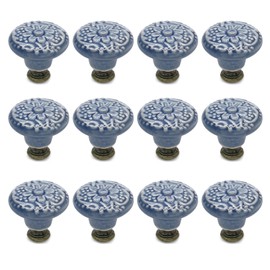 Bonsicoky 12 Pcs Ceramic Cabinet Handle Pull Knobs, Vintage Round Single Hole Knobs for Drawer Cupboard Decorative, with Screws, Blue