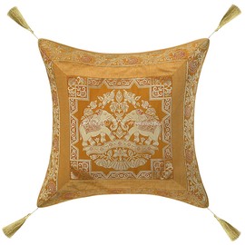 DK Homewares Ethnisch Sofa Kissen Bezüge 45x45 cm Brokat Senfgelb Jacquard Weben Kissenbezüge Indisch Quasten Elefant Boho Quadrat Kissenhülle Tiermotiv - 2er-Set (nur Bezug)