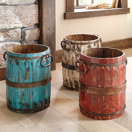 BLACK FOREST DECOR Santa Fe Antique White Decorative Bucket – Rustic Western Wood & Iron Accent – 15" Dia. x 18" H