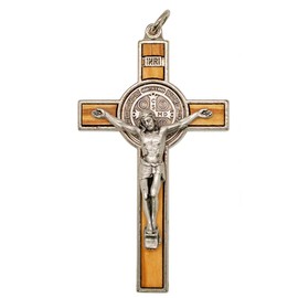 Saint Benedict Medal Crucifix Pendant | Silver-Tone Metal and Wood | Patron Saint of Students and Europe | Great Catholic Gift | Add to Necklace or DIY Rosary, 3L" x 1.8W", Wood, No Gemstone