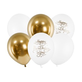 Balloons 30 cm Set of 6 with Lettering Happy Birthday Mix Birthday Party Gold White