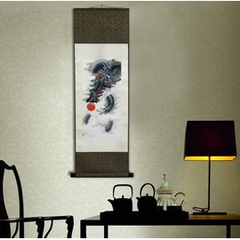 sweethome Asian Silk Scroll & Picture Scroll & Wall Scroll Calligraphy Hanging Artwork (Black Dragon)