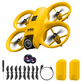 Drone With Dual Cameras, Electrically Adjustable 180 Degrees, LED Lights, Propeller Safety Protection, Intelligent Obstacle Avoidance, Headless Mode, One Click Takeoff, 360 Degree Rolling, Hovering, Quadcopter With 2 Batteries (Yellow)