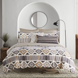 Levtex Home - Santa Fe Duvet Cover Set - Twin Duvet Cover + Two Standard Pillow Cases - Ikat Pattern - Soft Grey, Cream, and Tan - Duvet Cover (68 x 88in.) and Pillow Case (26 x 20in.) - Cotton