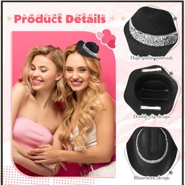 Zeyune 6 Inch Cowboy Hat Hair Clip with Rhinestones Cowgirl Mini Small Hat Clip for Disco Western Party Decoration(Black)
