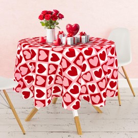 AnyDesign Valentine's Day Round Tablecloth Red Pink Hearts Plaids Fabric Table Cloth Washable Love Heart Table Cover for Wedding Anniversary, 60 x 60 Inch
