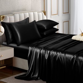 Horbaunal 6 Piece Satin Sheet Set King Size Luxury Silky & Soft Black Satin King Bed Sheet Set with 16" Deep Pocket, 1 Fitted Sheet, 1 Flat Sheet, 4 Pillowcases