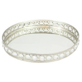 Oval Silver Mirrored Decorative Tray with Gemstones