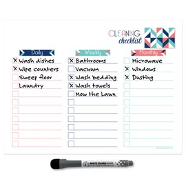 Dry Erase Cleaning Checklist Sticker Decal Planner by Glassboard Studio | Removable & Reusable | Magnetic Fine-Tip Dry Erase Marker Included (9 x 12 inches, Geometric)