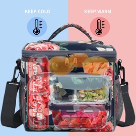 FlowFly Insulated Reusable Lunch Bag Adult Large Lunch Box for Women and Men with Adjustable Shoulder Strap,Front Zipper Pocket and Dual Large Mesh Side Pockets,Peony