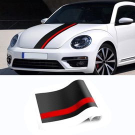 SUNJIKA Car Hood Decal Sticker Universal Hood Racing Body Side Vinyl Modified Stripe Graphic Front Hood Bumper Tailgate Exterior Decoration Long Striper Decals (Carbon Fiber Black Red)