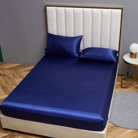 Damier Satin Fitted Sheet 200 x 200 cm Blue Glossy Silk Bed Sheet High-Quality Deluxe Plain Fitted Sheet Suitable for Mattresses up to 30 cm