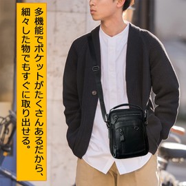 Achiyu Men's Shoulder Bag, Genuine Cowhide Leather, Lightweight, Waterproof, Crossbody Bag, Shoulder Bag, Casual, Popular for Men, Commuting, Cycling, Genuine Leather, Black
