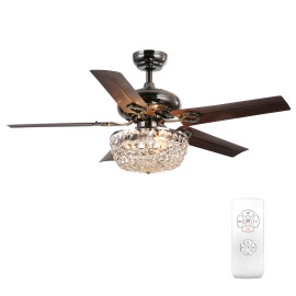 48inch Crystal Ceiling Fan with Remote Control 3 Speed Noise-Free Vintage Reversible Chandelier Fan with Crystal LampshadeLamp Power(W): 18, Emitting Color: 3CCT, Color: Black, Wattage: 60W
