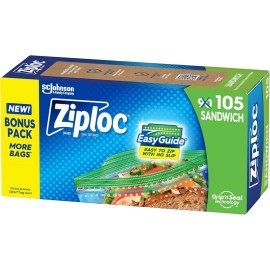 Ziploc Sandwich and Snack Bags with Grip 'n Seal, 105 Bags, EasyGuide Texture