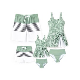 PATPAT Family Matching Swimwear Women Two Piece Swim Dresses Tummy Control Tankini Swimsuits Scoop Neck Skirt Bathing Suit for Women L Green Floral