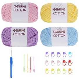 FOGAWA Pack of 4 Simple Yarn, Crochet Yarn for Beginners, Chunky Cotton Yarn for Knitting and Crocheting, Knitting Yarn with Crochet Accessories for Baskets, Carpets (Light Yellow, Light Purple, Pink