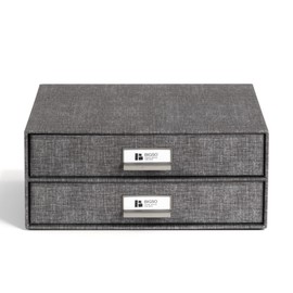 Bigso Birger 2-Drawer Canvas Fiberboard Easy Pull Handle Box - Desktop Drawers for A4 and Letter Size Papers - Desk Drawers with Metal Label Holder - 13.1in x 10in x 5.7in - Melange Grey