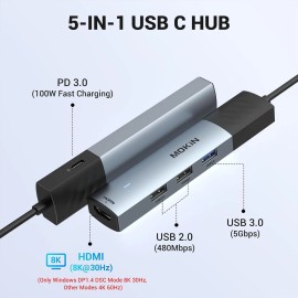 Universal MOKiN USB C Hub, 5 in 1 USB CMultiport Adapter 8K HDMI(DP1.4 with DSC), 100W ...