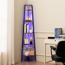 Yoobure Corner Shelf Stand, 5-Tier Bookshelf with LED Lights & Steel Frame, Tall Storage Shelves for Living Room, Bedroom, Office, Multi-Purpose Display Bookcase