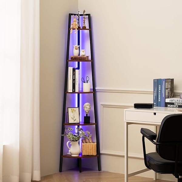 Yoobure Corner Shelf Stand, 5-Tier Bookshelf with LED Lights &