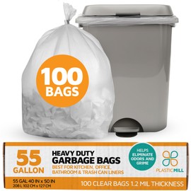PlasticMill Heavy Duty Trash Bags - Clear Garbage Bags - Plastic Trash Bags - Tall Trash Bags, Trash Can Liners - 55-Gallon Large Kitchen Trash Bag, 1.2 Mil, 40"x50" (100-Count)