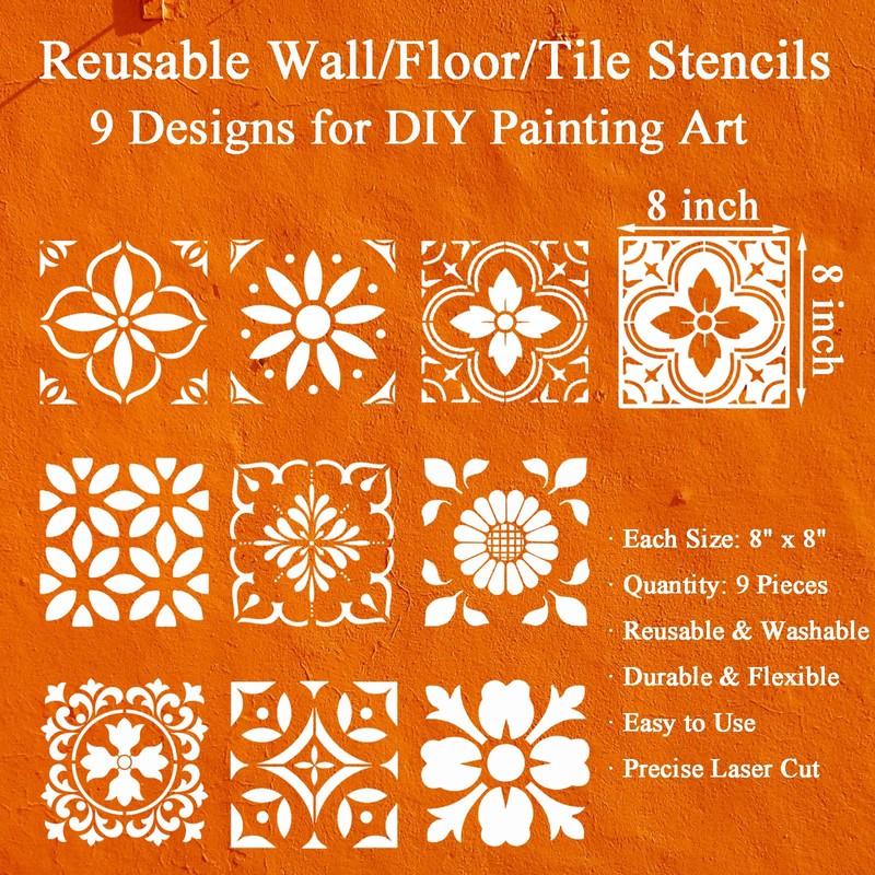 9-Pack Reusable Wall Floor Tile Stencils 8x8 Inches Spanish Stencils