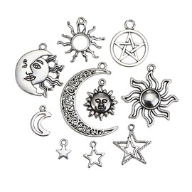 Airssory 50pcs 10 Shapes Vintage Style Sun Moon Star Celestial Charms Mini Hollow Astronomy Pendants for Necklace Bracelet Jewelry Crafts - 29x26mm