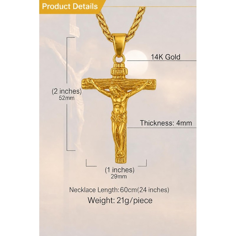 LiteVibe 14K Gold Rope Chain Crucifix Style Cross Pendant Necklace