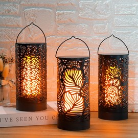 TRIROCKS LED Flame Effect Light, 7-Inch High Battery Operated Breathing Lamp, Floral Hollow Design Lantern Set with Timer, 3-Pack Iron Decorative Lighting for Indoor/Outdoor, Patio, Garden, Deck, Yard