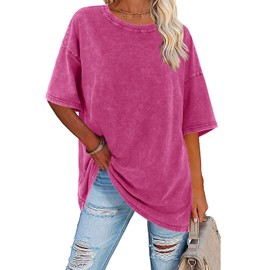 Imily Bela Womens Oversized T Shirts Vintage Cotton Tees Crewneck Short Sleeve Washed Summer Tunic Tops Hot Pink