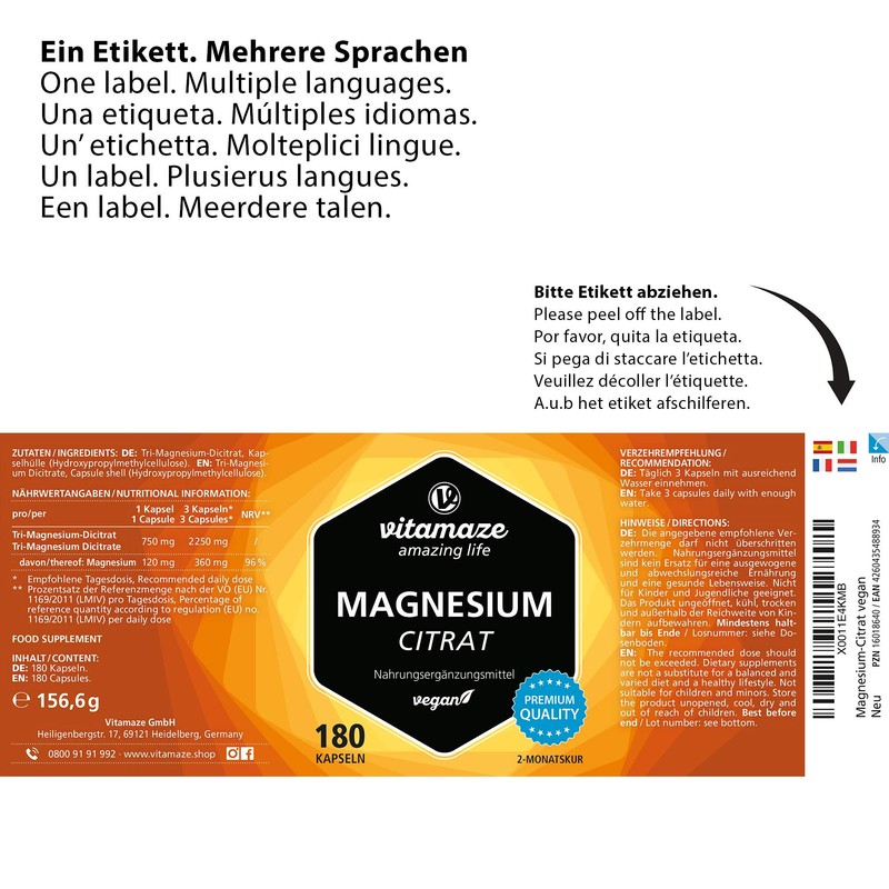 Magnesium Citrate Capsules High Strength & Vegan, 2250 mg of