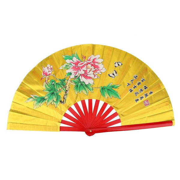Dilwe - Abanico de Tai Chi, chino japonés, Kung Fu Tai Chi, ventilador de mano tradicional chino plegable con superficie de flores para mujeres y hombres (dorado)