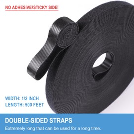 1/2in x 500ft Hook and Loop Roll | Double-Sided Strips, Self-Gripping Straps | Reusable Multi-Purpose Wrap Fasteners for Home, Office, Data Center, and More (100ft x 5 Packs)