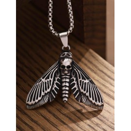 HAQUIL Skull Necklace, Silver Plated Stainless Steel Skull Deathhead Hawkmoth Pendant, Box Chain, Gothic Jewelry Gift