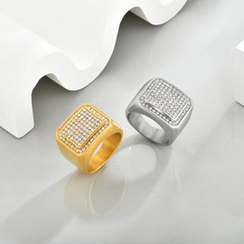 Wisbal Stainless Steel Ring 18k Gold Plated Seal Ring in White Gold for Ring Signet Band Ring for Men, 12, Gemstone, Rhinestone