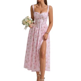 KUTUMAI Floral Corset Midi Dress Flowy Slit Summer Spring Wedding Guest Dresses for Women Sundress with Pockets PF S
