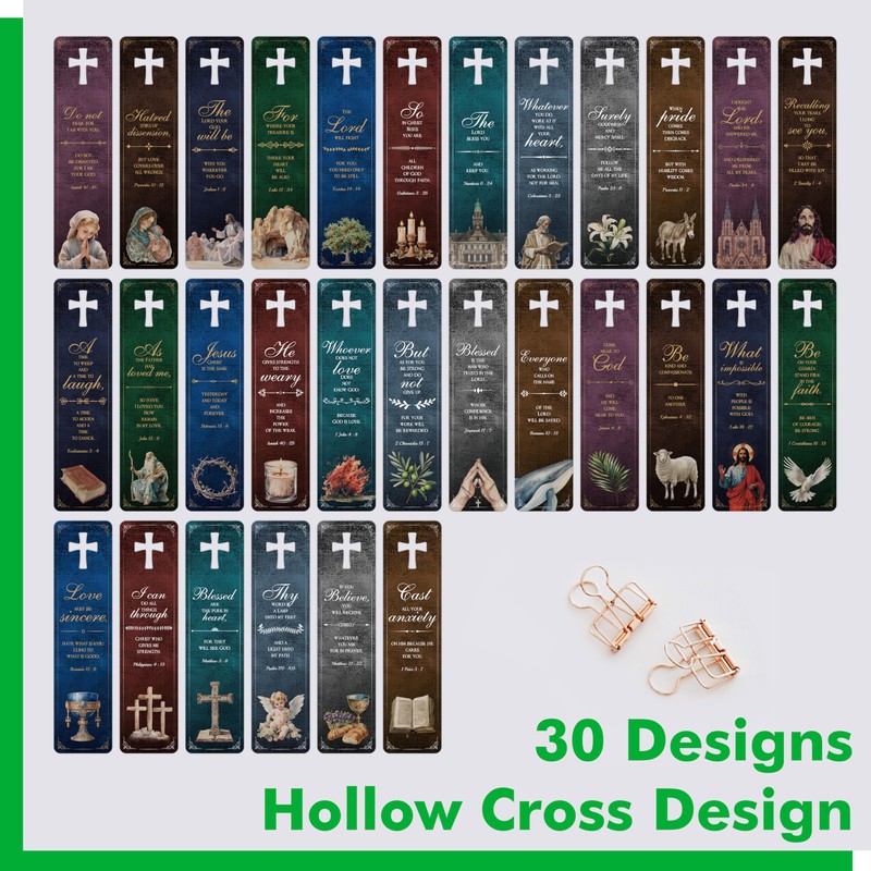 120 PCS Bible Bookmarks, 30 Designs with Hollow Cross Double